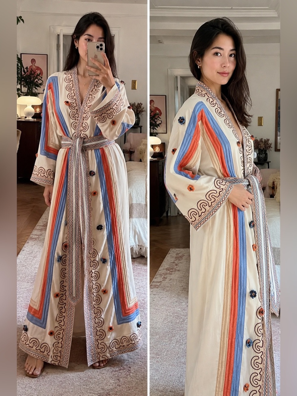 Antipodean Rise 100% Linen Woven Embellished Belted Robe Long Dress Size M NWT